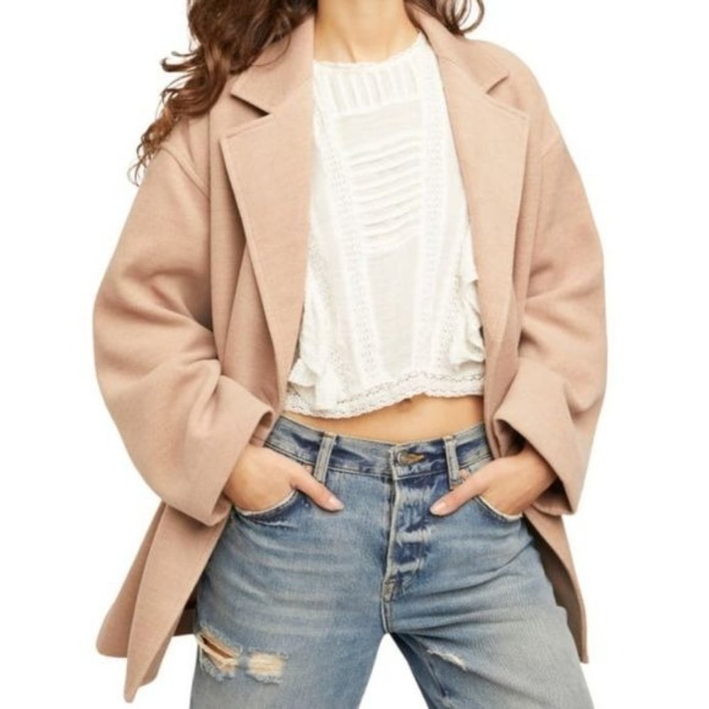 Free People Camel Hannah Long Sleeve Slouchy Double Breasted Jacket Coat Large